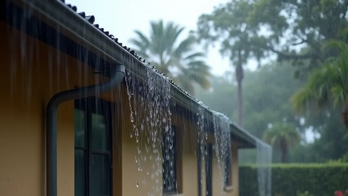 Rain sheeting off the roof edge of a Treasure Coast block home onto the walkway and mulch below