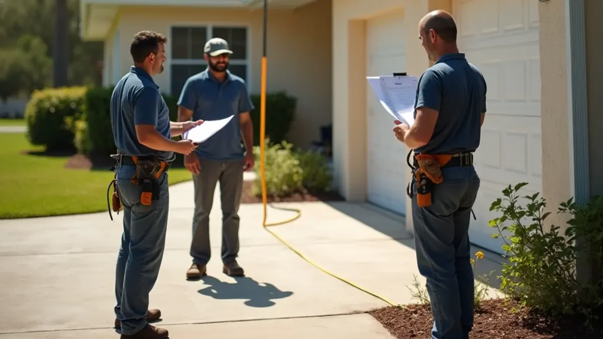Gutter installers reviewing measurements and a written estimate in a Vero Beach driveway