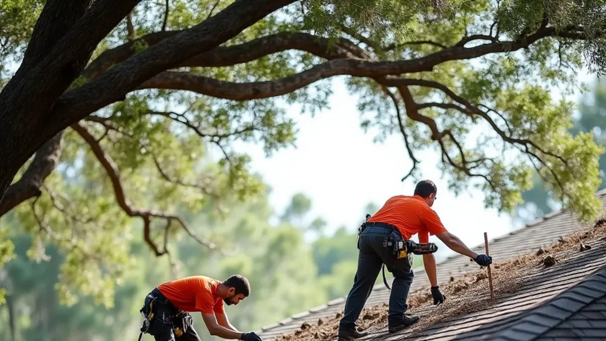 Gutter installers working on a shingle roof under a live oak canopy at a Vero Beach home