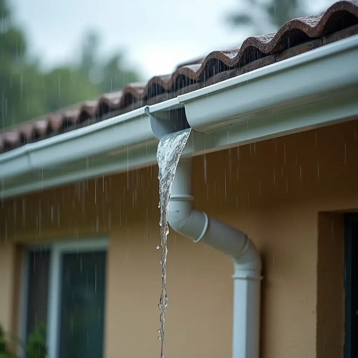Heavy Florida rain running through a clean seamless gutter and downspout on a Vero Beach, FL home