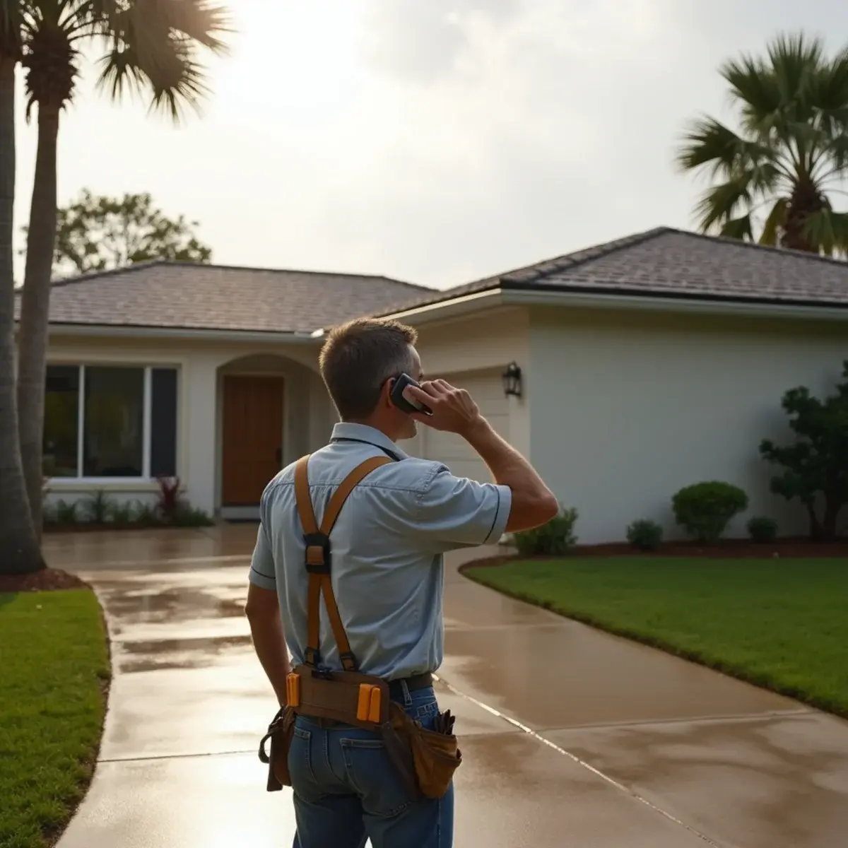 Gutter installer on the phone in the driveway of a Vero Beach, FL home after a rain shower