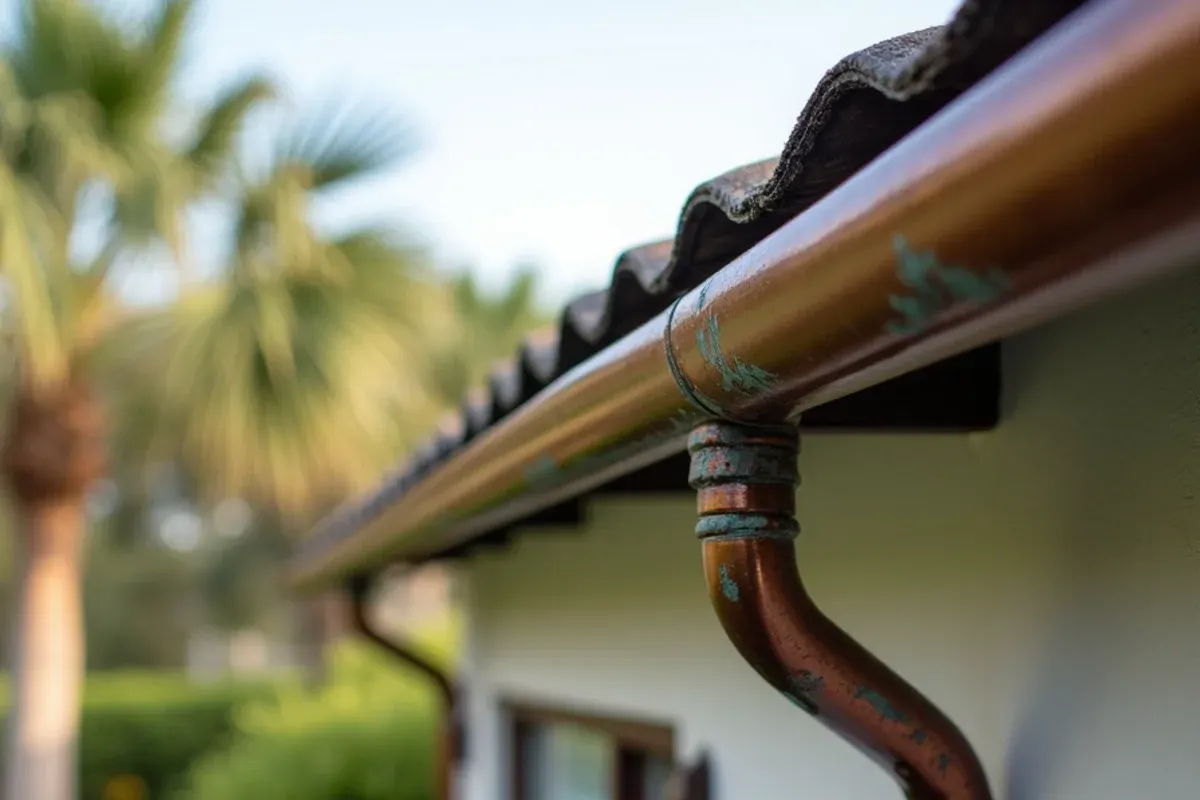 Copper half-round gutter weathered to a brown and green patina on a barrier island home in Vero Beach, FL
