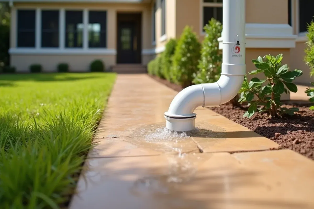White downspout elbow discharging roof water beside a paver walkway at a Vero Beach, FL home