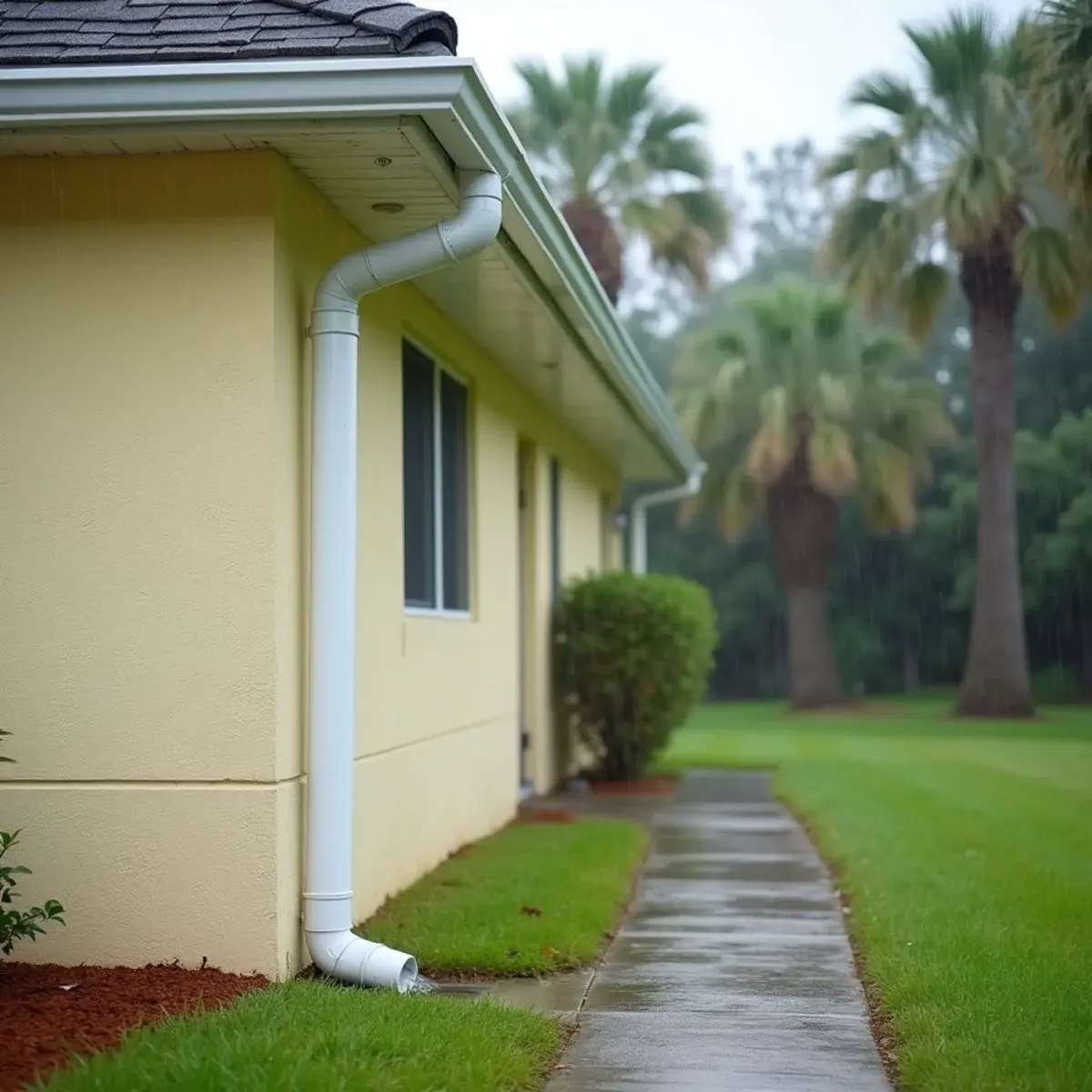 White 3x4 aluminum downspout with an extension carrying roof water across a lawn away from a concrete block home in Vero Beach FL