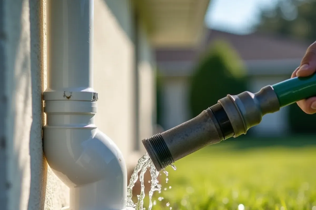 Downspout being flushed with a garden hose after a gutter cleaning at a single-story home in Vero Beach