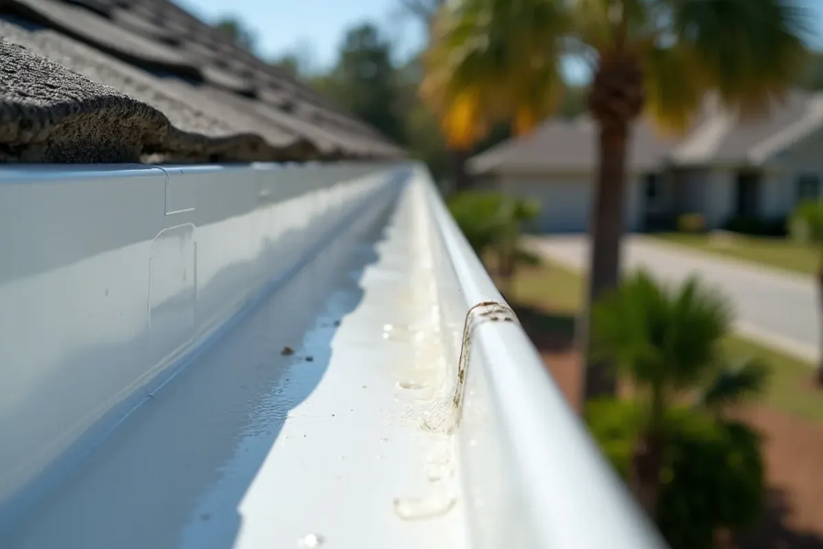 Freshly cleaned gutter channel and clear downspout outlet below a concrete tile roof in Vero Beach, FL