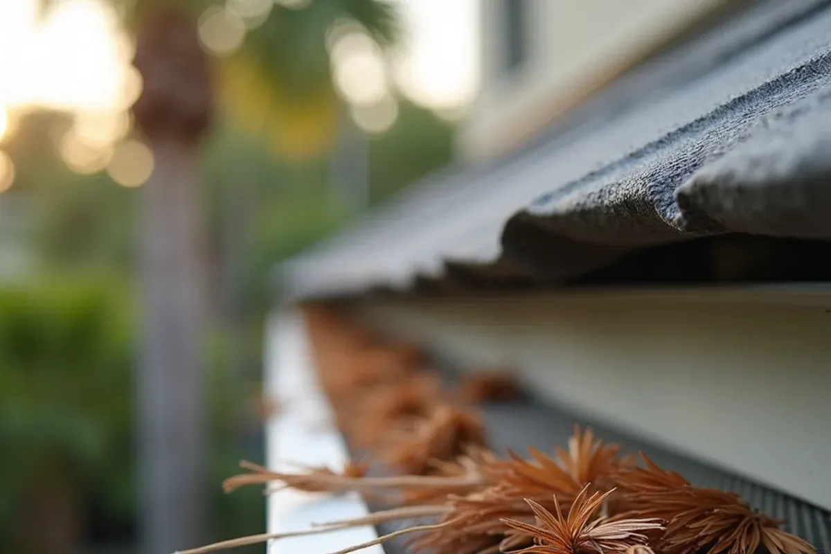 Close view of oak tassels and pine needles resting on a stainless micro-mesh gutter guard on a concrete tile roof in Indian River County