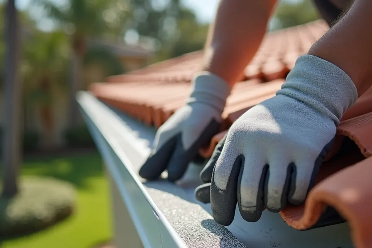Installer fitting a micro-mesh gutter guard beneath a concrete tile roof edge on a Vero Beach home