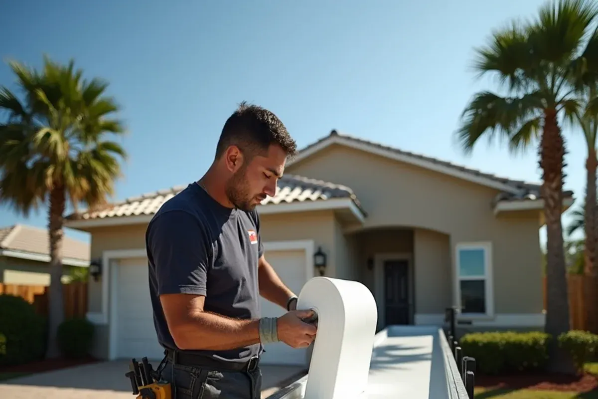 Installer handling a freshly formed seamless aluminum gutter run in a driveway in Vero Beach, FL