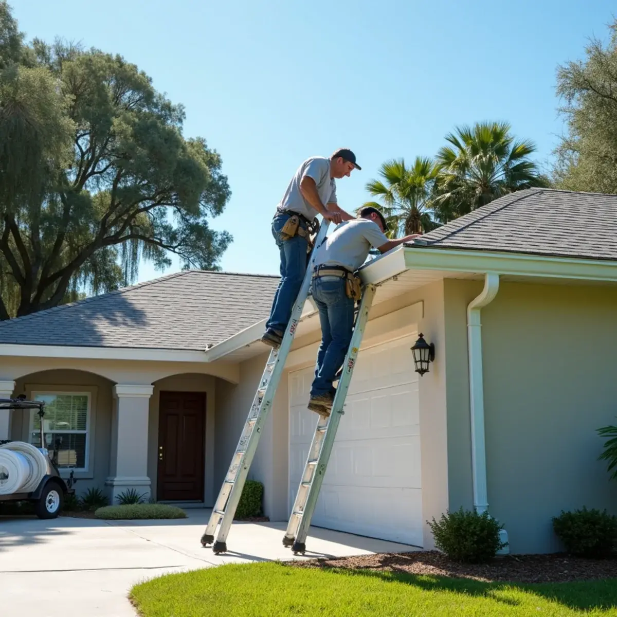 Two gutter installers on ladders fitting new seamless gutters to the eave of a single-story home in Vero Beach, FL