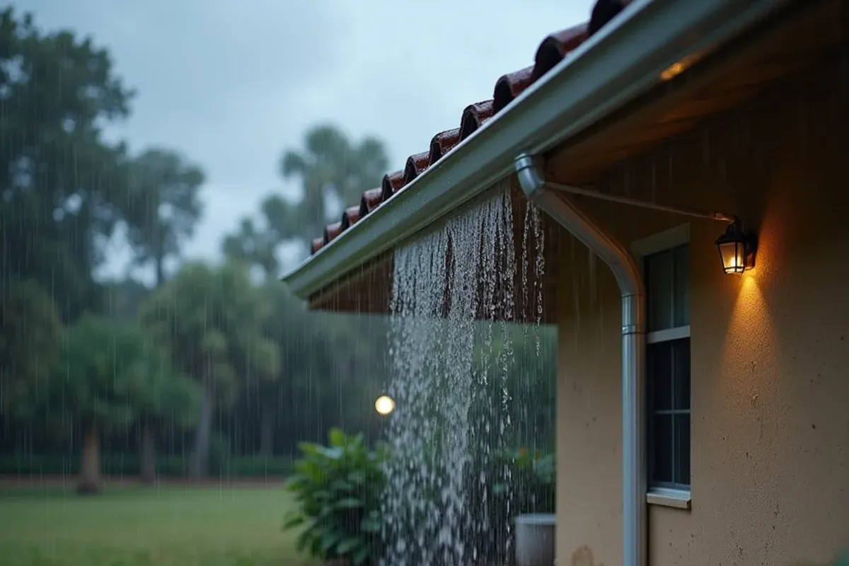 Rainwater pouring off a roof edge during a summer downpour at a Vero Beach, FL home