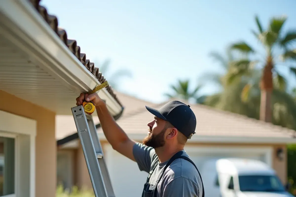 Local gutter installer measuring a roof edge before quoting new gutters in Vero Beach, FL