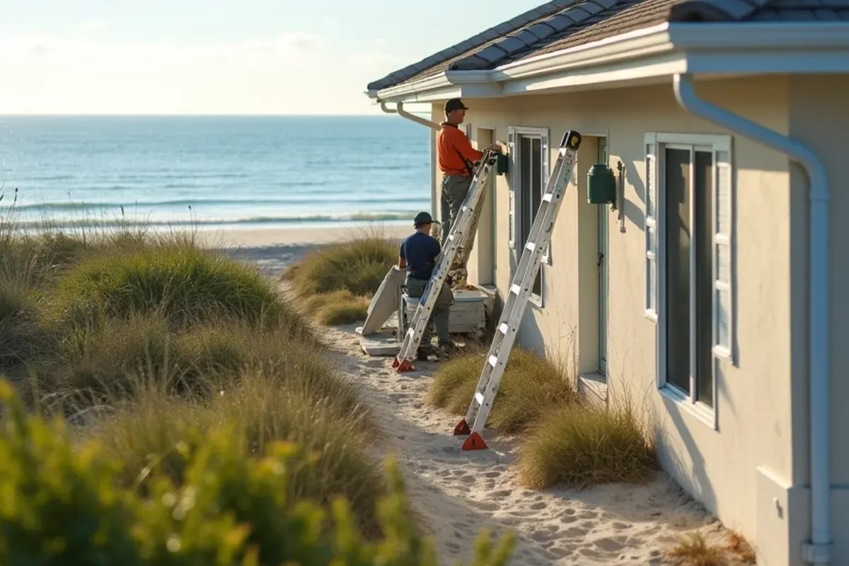 Gutter installers on ladders at a beachfront building on Hutchinson Island in Fort Pierce, FL