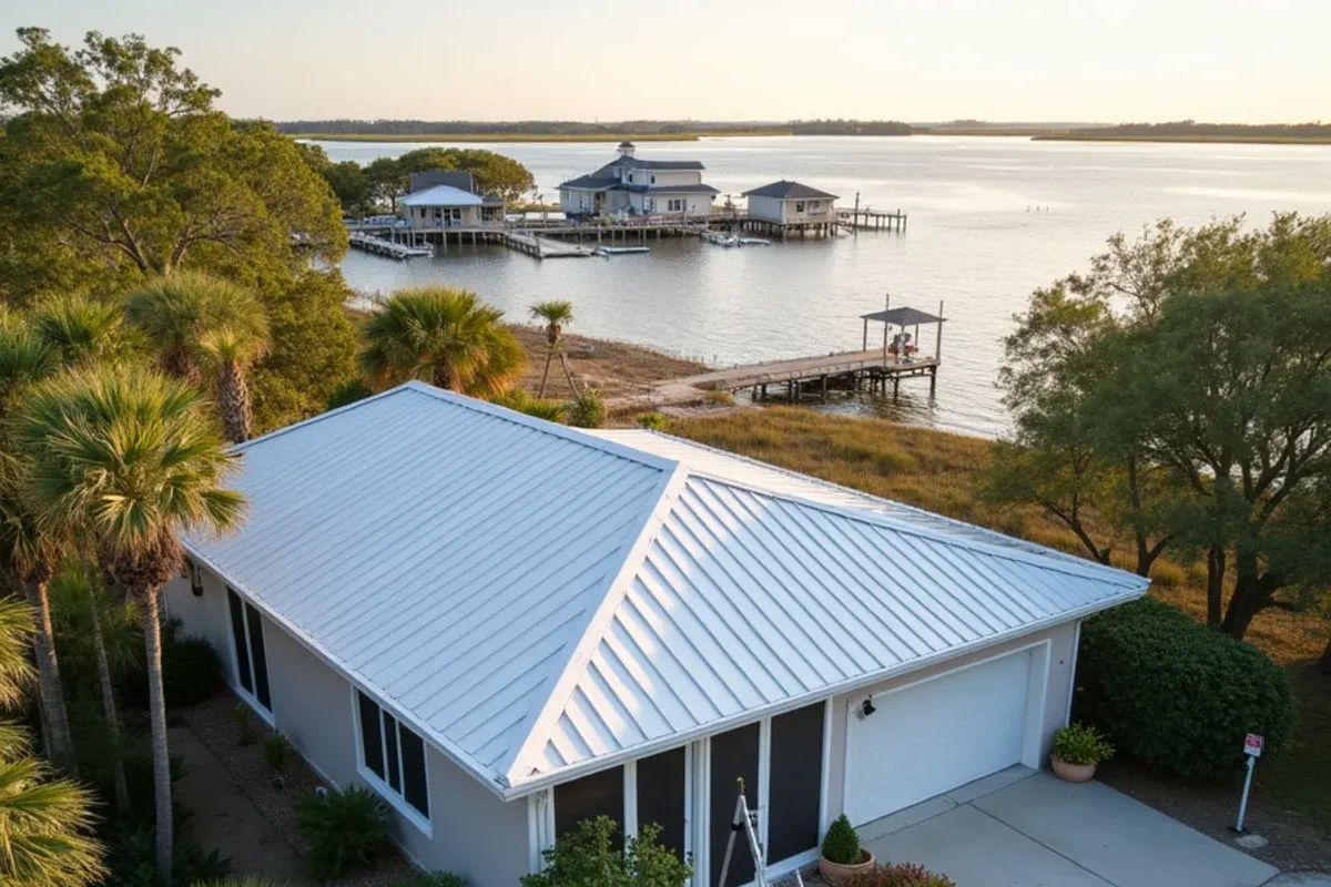 Standing-seam metal roof home with heavy-gauge aluminum gutters on the Indian River Lagoon side of Indian River Shores, FL