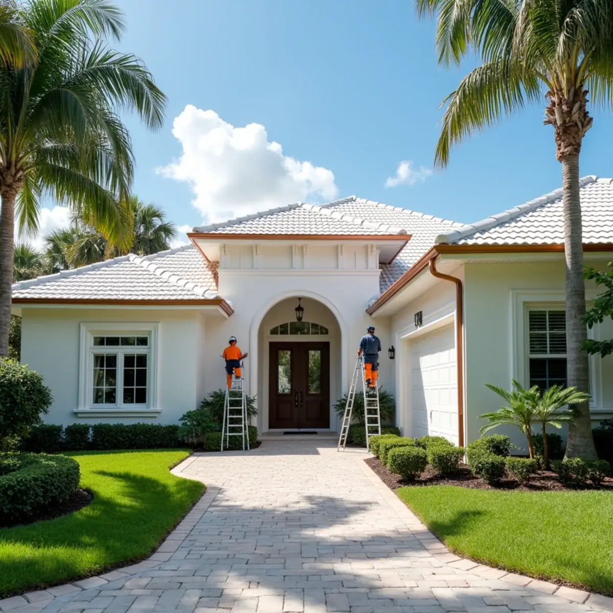 Gutter installers on ladders at a white tile-roof estate home with copper gutters in Indian River Shores, FL
