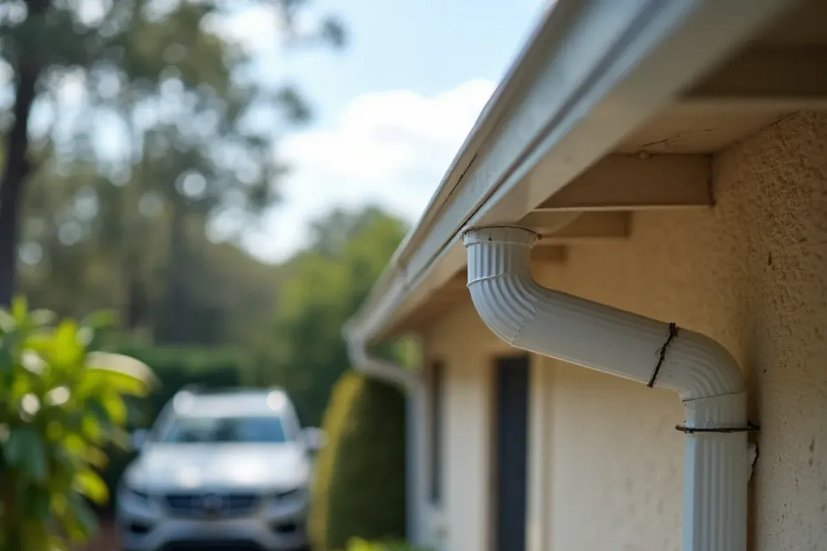 White gutter and downspout on a concrete block home beside the carport driveway in Lakewood Park, FL