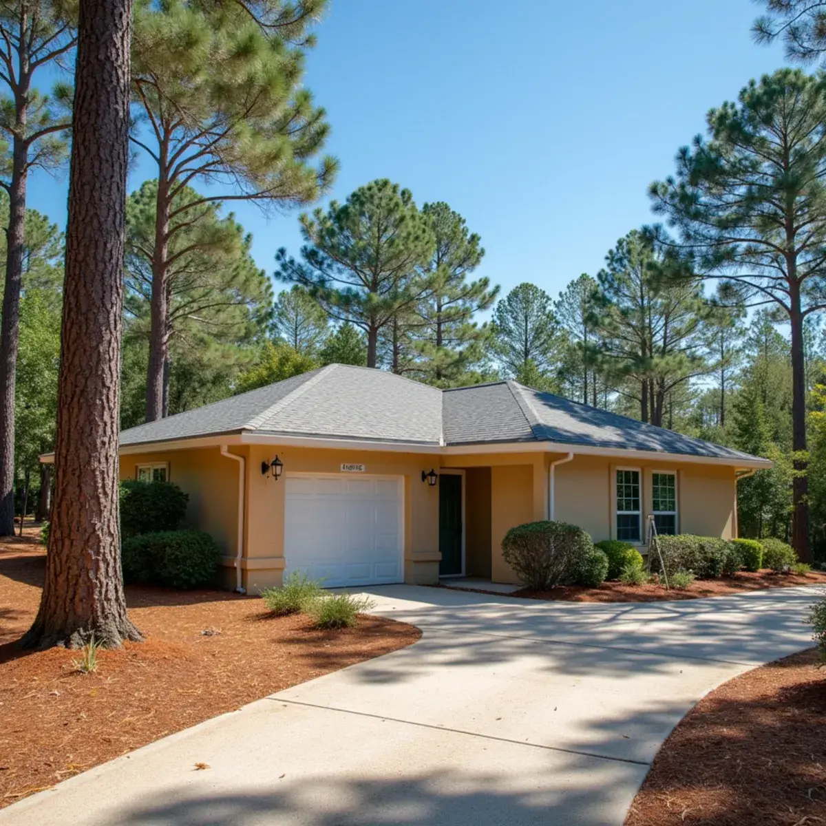 New white seamless gutter on a single-story Sebastian Highlands ranch home under tall pines in Sebastian, FL
